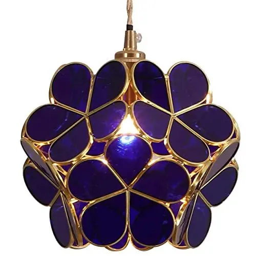 Produktbild: Bieye L30746 Petals Deckenpendelleuchte im Tiffany-Stil aus Buntglas mit 20 cm breitem Lampenschirm (Kobaltblau, 8
