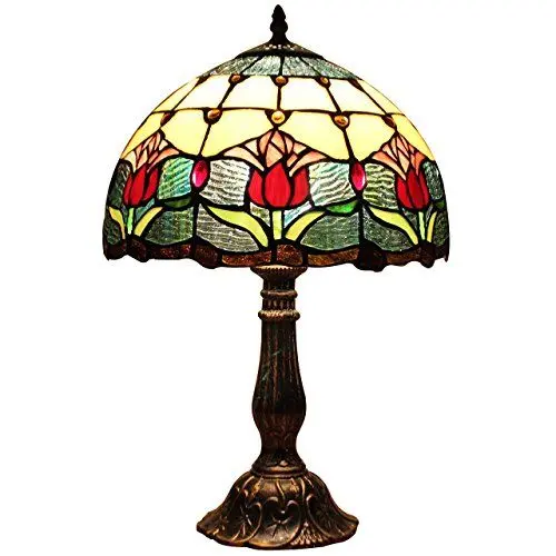 Produktbild: Bieye L30020 Tulpe Blume Tiffany Stil Glasmalerei Tischlampe Nachtlicht mit 12 Zoll Breite handgemachte Lampenschirm Metallbasis für Schlafzimmer Wohnzimmer, 18 Zoll hoch, rot grün