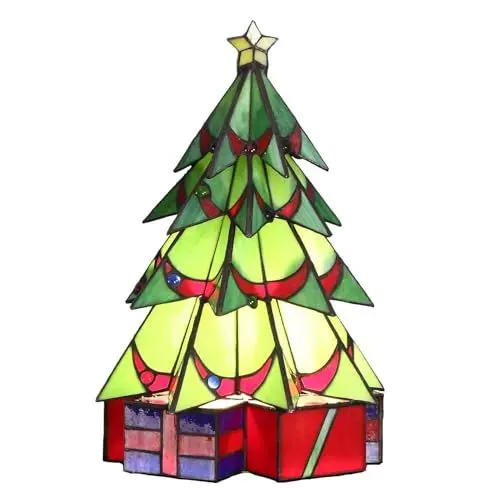 Produktbild: Bieye L30678 Weihnachtsbaum-Tischlampe aus Buntglas im Tiffany-Stil für Heimdekoration, Grün, 28 x 41 cm (B x H)