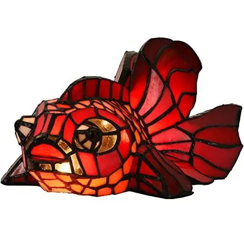 Produktbild: Bieye L30827 - Tischlampe mit rotem Teleskop und Fächerschwanz, Goldfisch, Tiffany-Stil, Buntglas-Akzent-Nachtlicht für Heimdekoration