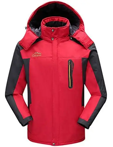 Produktbild: Bigassets Herren Wasserdicht Vlies Berg Jacke Warm Skijacke Multi-Taschen mit Kapuze Red XXXXL