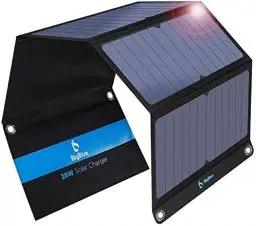 Produktbild: BigBlue 28W Tragbares Solar-Ladegerät mit 2 Ports (USB-C/USB-A), 5V/4A Gesamtausgang, IP44 Solarpanel mit Digital Amperemeter und Reißverschluss-Schutz für Geräte wie iPhone, Android, GoPro und mehr