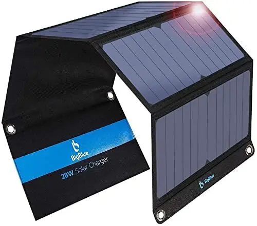 Produktbild: BigBlue 28W Tragbares Solar-Ladegerät mit 2 Ports (USB-C/USB-A), 5V/4A Gesamtausgang, IP44 Solarpanel mit Digital Amperemeter und Reißverschluss-Schutz für Geräte wie iPhone, Android, GoPro und mehr