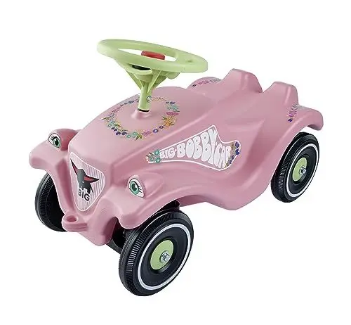 Produktbild: BIG-Bobby-Car Classic Flower - Kinderfahrzeug mit Blumenaufklebern für Jungen und Mädchen, belastbar bis zu 50 kg, Rutschfahrzeug für Kinder ab 1 Jahr, pastell rosa, grün
