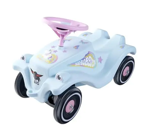 Produktbild: BIG-Bobby-Car-Classic Einhorn - Kinderfahrzeug mit Aufklebern im Einhorn Design, für Jungen und Mädchen, belastbar bis zu 50 kg, Rutschfahrzeug für Kinder ab 1 Jahr, Hellblau