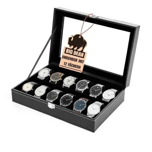 Produktbild: BigDean Uhrenbox für 12 Uhren Glasdeckel - schicke Uhrenbox Herren Watch Box Uhrenaufbewahrung
