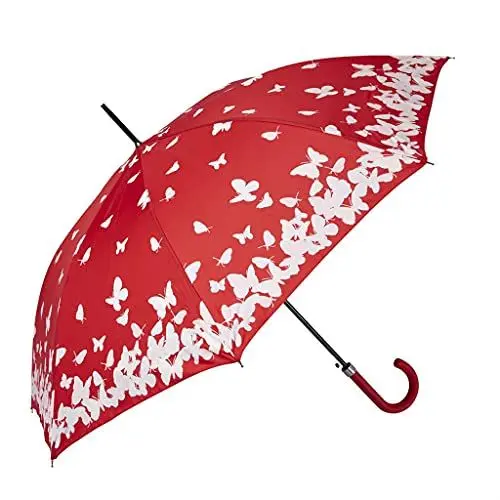 Produktbild: Biggbrella So003 Regenschirm, 8 Rippen, Windsicher, Groß, Leicht, Automatik, Starker Stockschirm für Damen und Herren, Rot, Schmetterlinge Muster, 104cm