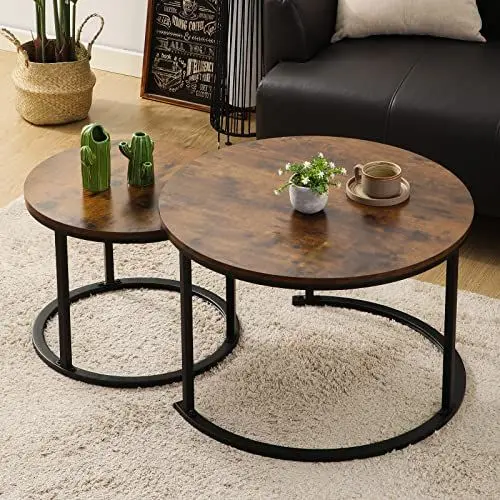Produktbild: BIGTREE Couchtisch Rund, Satztisch 2er Set, Couchtisch aus Holz, Wohnzimmertisch Modern, Beistelltisch Set mit Metallgestell für Wohnzimmer Balkon Büro (Braun)