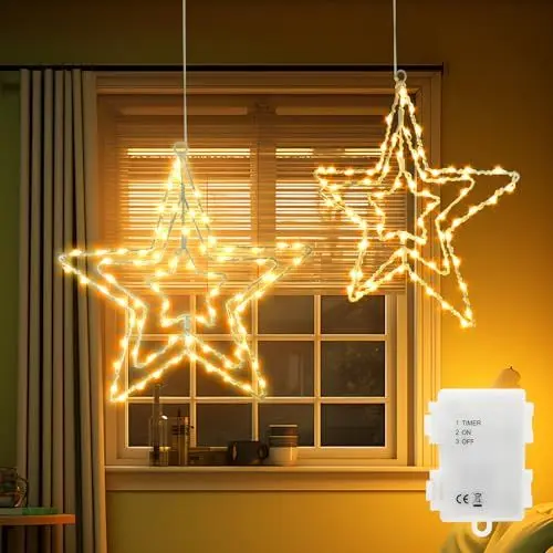 Produktbild: Bigzom LED Sterne Fenster Weihnachtsdeko 75 LED, Drehbar Weihnachtsbeleuchtung Batteriebetriebene mit Timer Funktion, Weihnachtsdeko innen Aussen für Weihnachten Deko, Fenster，Balkon, Party，2 Stück