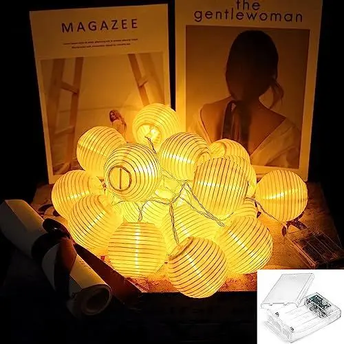 Produktbild: Bigzom Led Lampions Outdoor 20LEDs Lampions Outdoor 6M Warm weiß Lichterkette Batterie Mit Timerfunktion Lampions Weiß für Party,Garten,Weihnachten,Halloween,Hochzeit,Beleuchtung Deko