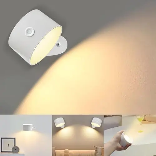 Produktbild: Bigzom LED Wandleuchte Innen, Wandlampe mit Akku 1 Stück,Touch Control 3 Helligkeitsstufen, 360° drehbare, für Wohnzimmer Schlafzimmer TreppenhausFlur kabellose wandleuchten Weiß