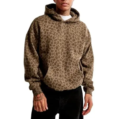 Produktbild: BIISDOST Langarmshirts Herren Oversized Leopard Print Hoodie Print Sweatshirt|Trendy Style Hoodies für Männer Pulli Winter Fleecepullover Warm Atmungsaktiv Regular Fit