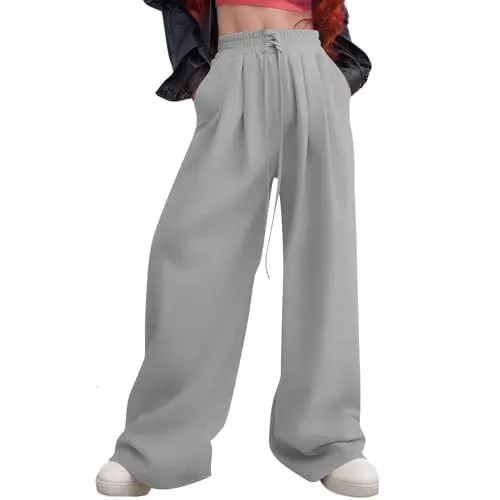 Produktbild: biJerou Damen Militär Hose Baggy Wide Leg Pants Black Loose High Waist Sweatpants Multi Pockets (Grey, XXL)