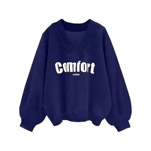 Produktbild: biJerou Hellblaues Sweatshirt Komfort IM Print Hoodie Lässig Locker Vielseitiges V-Ausschnitt Top Ski Pullover Für Damen (Blue, XXL)