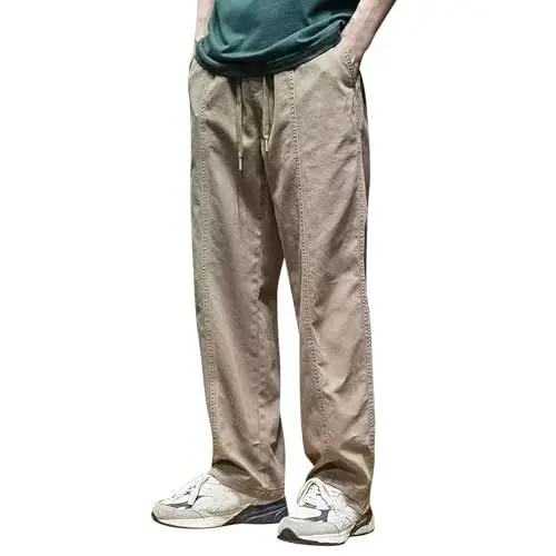Produktbild: biJerou Herren Anzug Hose Schwarz Casual Alle einfarbig Malerei Baumwolle Leinen lose Plus Größe Hose Mode Strand Taschen Hose Sporthosen Für Männer (Khaki, M)