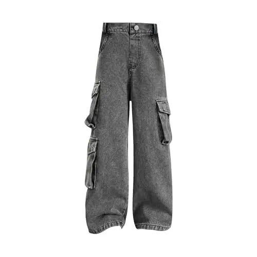 Produktbild: biJerou Kleider Mädchen Bund Weites Bein Schwarz Mehrere Taschen Hose Kinder Jeans 4 14 Leggings Mädchen 146 (A, 12-13 Years)