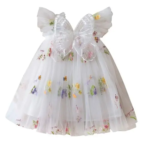 Produktbild: biJerou Mädchen 146 Mädchen Kleider Baby Kleidung Schmetterling Flügel Kleid Spitze Casual Kurzarm Kleid Karierter Rot (White, 6-12 Months)
