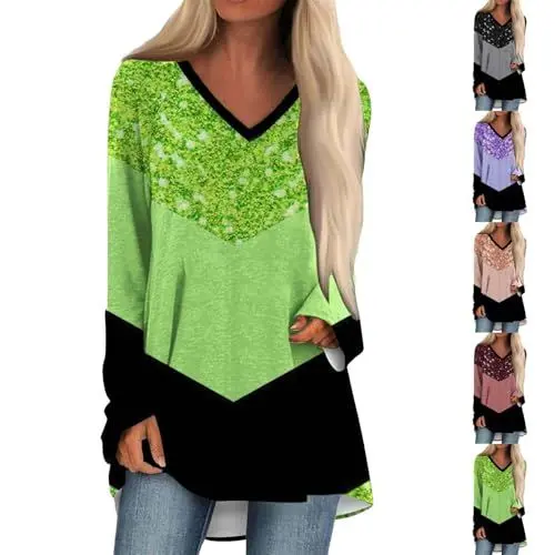 Produktbild: biJerou Pullover Damen Schwarz Winter V Ausschnitt - Winterpullover Warm Elegant Große Größen - Spitzenbluse Printed V Neck Long Sleeved T Shirt Langarmshirt V-Ausschnitt Patchwork Farbblock Tops