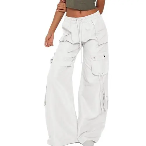Produktbild: biJerou Trachten Hose Damen Kurz Trendige Baggy-Hose mit hoher Taille und lockerer Passform, lässige Hose mit Kordelzug und Taschen Radler Hose Damen Winter (White, XXL)
