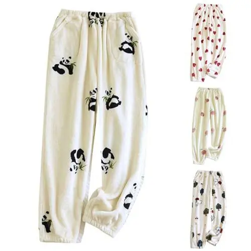 Produktbild: biJerou Weite Hose Damen Leinen Pants Cute Print Flannel Pants Winter Warm Pj Bottoms Jogger Pants (Black, M)