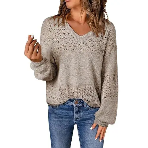 Produktbild: biJerou Winter Kleidung Damen Elegant V Neck Lightweight Crochet Pullover Sweater Tops (Brown, XL)