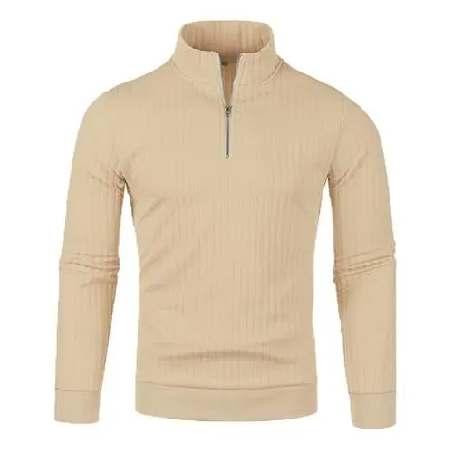 Produktbild: biJerou Wintermantel Herren Mit Strickpullover für Herren in Volltonfarbe, lockerer Strick, hoher Halsausschnitt, Reißverschluss, lange Ärmel Herren Mantel Elegant Winter (Khaki, XXL)