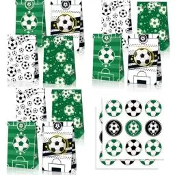 Produktbild: Bikasun 12 Stück Fußball Geschenktüte Papiertüten Geburtstagstüten Fussball Party Tüten mit 18 Aufkleber Mitgebsel Tüten 4 Muster für Kinder Geburtstag Party Kindergeburtstag Verpacken
