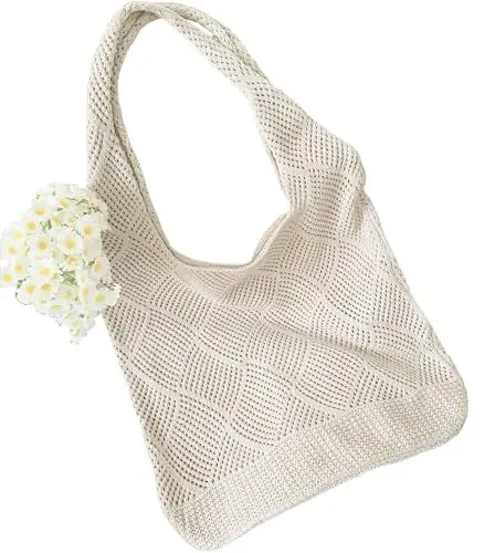 Produktbild: Bikasun Strandtasche Damen Häkeltasche für den Sommer, Umhängetasche Netz-Stricktasche Schultertasche Tasche Shopper Tote Bag Einkaufstasche Handtasche für Reisen Arbeit Schule, Beige