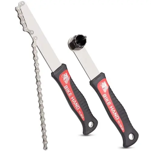 Produktbild: BIKE HAND Kettenpeitsche und Abzieher Set - Kettenpeitsche & Sicherungsring Werkzeug für Shimano HG Kassette/Freilauf Einbau Ausbau MTB Rennrad 7 8 9 10 11 Gang