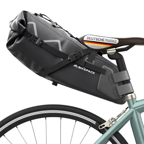 Produktbild: BIKEPACK Satteltaschen für Fahrrad - Bikepacking Taschen - Fahrradtasche Sattel - Gravelbike Rennrad Satteltasche 15L - Fahrradtasche ohne Gepäckträger - Gravelbike Zubehör - 100% wasserdicht