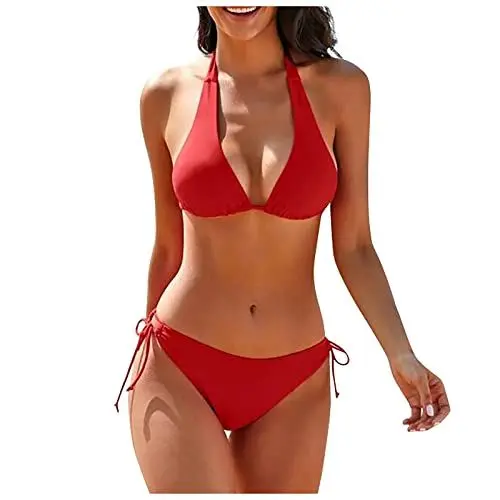 Produktbild: Bikini Damen Bauchweg Sexy Brazilian Tie Bikini 2 Piece Bikinis Spaghetti Strap Top Thong Swimsuit Bathing Suit Bikini Sets for Women Bikini Mädchen Rot L