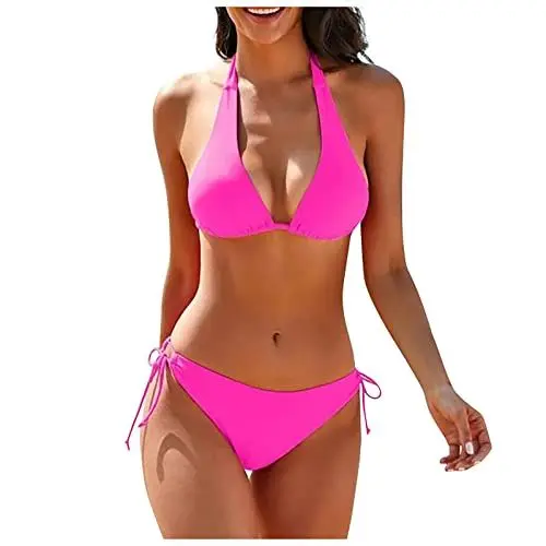 Produktbild: Bikini Damen Bauchweg Sexy Brazilian Tie Bikini 2 Piece Bikinis Spaghetti Strap Top Thong Swimsuit Bathing Suit Bikini Sets for Women Bikini Push Up Bikini Pink M