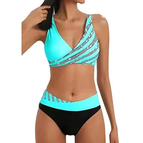 Produktbild: Bikini Damen GroßE Brüste Bauchweg Bademode Zweiteiliger Push Up Sexy Farbblockdruck Brustpolster Swimsuit Set Frauen Bikini Set Knot Triangel Bikini Swimsuit Low Rise Bademode (Green-4, L)