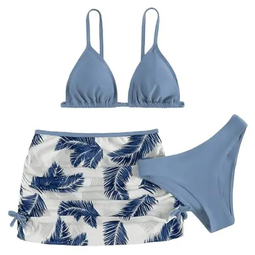 Produktbild: Bikini Mädchen 140 Verstellbare Spaghettiträger Blatt Drucken 3 Stück Bikini Set Mädchen Teenager 3 teiliges Sommer Strand Bademode Badebekleidung Schwimmanzug mit Brustpolstern 6-14 Jahre