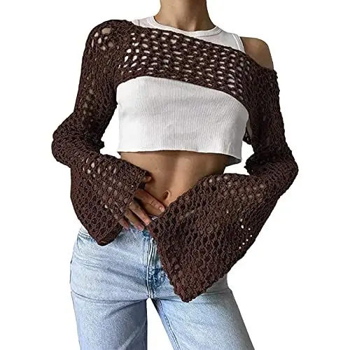 Produktbild: Bikini Set Sonnenbrille Damen Festival Outfit Sexy europäische und amerikanische Ausschnitt-Strickbluse für Damen, einfarbig, Rundhalsausschnitt, langärmelig, Badeanzug Damen Jumpsuit (Coffee, L)