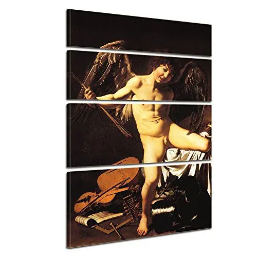 Produktbild: Bilderdepot24 Bild auf Leinwand | Caravaggio Amor als Sieger in 120x180 cm 4 tlg. als Wandbild XXL | Wand-deko Dekoration Wohnung alte Meister | 180218-120x180-4tlg