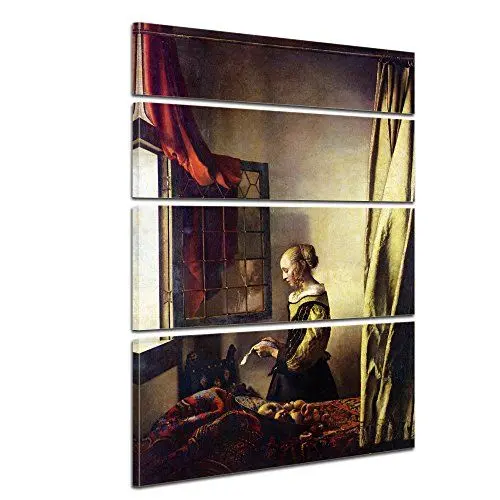 Produktbild: Bilderdepot24 Bild auf Leinwand | Jan Vermeer Briefleserin am offenen Fenster in 120x180 cm 4 TLG. als Wandbild XXL | Wand-deko Dekoration Wohnung alte Meister | 180183-120x180-4tlg