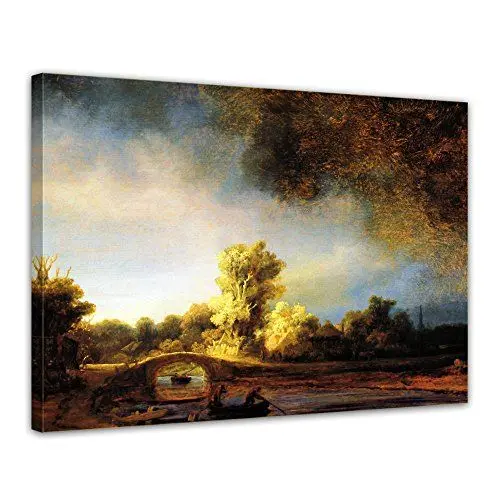 Produktbild: Bilderdepot24 Bild auf Leinwand | Rembrandt - Landschaft mit Steinbrücke in 40x30 cm als Wandbild | Wand-deko Dekoration Wohnung alte Meister | NEU-180220-40x30-lms