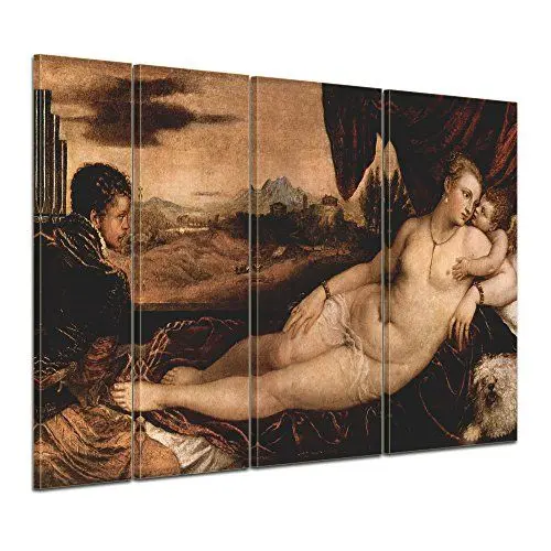 Produktbild: Bilderdepot24 Bild auf Leinwand | Tizian Venus mit Orgelspieler, Amor und Hund in 180x120 cm 4 TLG. als Wandbild XXL | Wand-deko Dekoration Wohnung alte Meister | 180299-180x120-4tlg