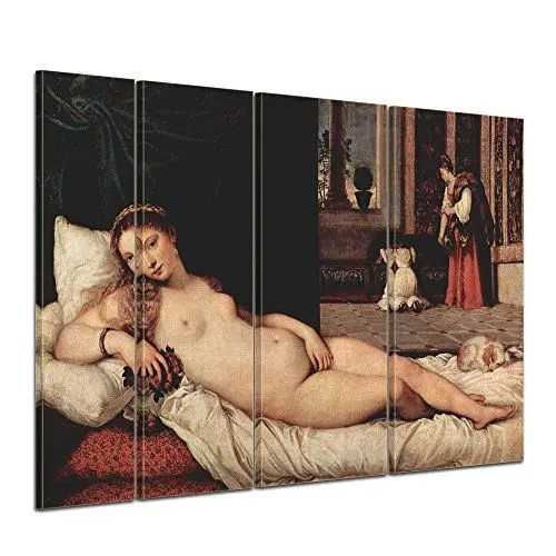 Produktbild: Bilderdepot24 Bild auf Leinwand | Tizian Venus von Urbino in 180x120 cm 4 tlg. als Wandbild XXL | Wand-deko Dekoration Wohnung alte Meister | 180300-180x120-4tlg