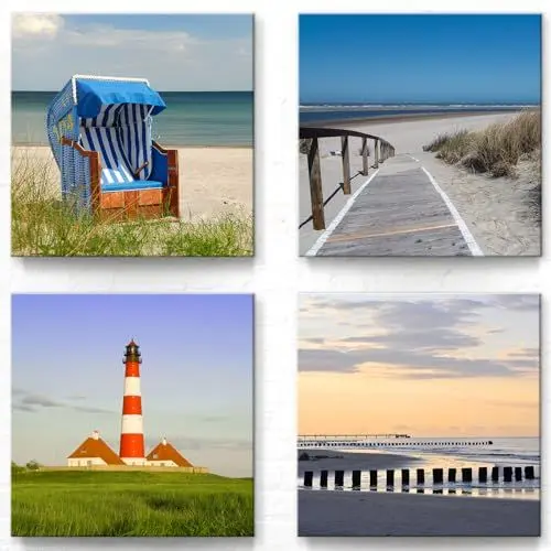 Produktbild: BilderKing Ostsee Nordsee - Wandbilder Set B - 30cm x 30cm, 4er Set Leinwand auf Fertigrahmen + Aufhänger