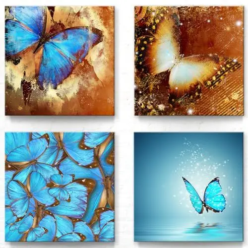 Produktbild: BilderKing Schmetterlinge - Wandbilder Set B - 30cm x 30cm, 4er Set Leinwand auf Fertigrahmen + Aufhänger