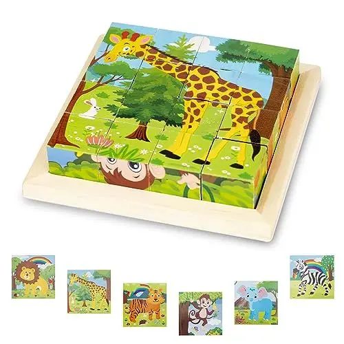 Produktbild: Bilderwürfel Holz, Holzpuzzle 3D Würfelpuzzle Puzzlespiele 6 in 1 Tier-Motive für Kinder ab 1 2 3 Jahre, Montessori Lernspielzeug Geschenk für Jungen und Mädchen