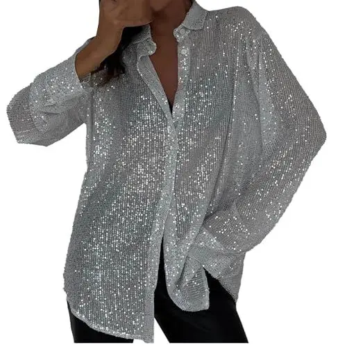 Produktbild: BILIKEYU Damen Hemd mit Pailletten Langarm Lose Mode Retro 80er Karnevalsparty Kostüm Top Bühnenperformancekleidung (White-B, XL)