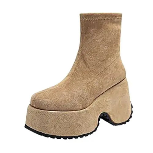 Produktbild: FNKDOR Plateau Stiefeletten Damen Trendy Eckige Form Wildlederstiefel Schlupfstiefel Anti-Rutsch Ankle Boots Booties Kurzstiefel (Khaki, 37)
