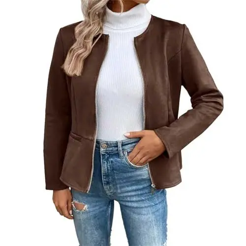 Produktbild: KKvoPiQ Damen Anzug Jacket Zipper Short Moto Biker Coat (Coffee, M)