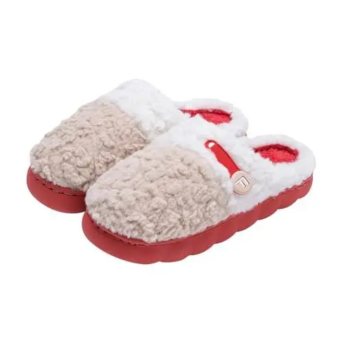 Produktbild: BILIKEYU Hausschuhe Damen Herren Bequeme Urlaubspantoffeln Slipper Flauschige Plüsch Pantoffeln Winter Baumwolle Lammfell rutschfeste Indoor Memory Foam Slip On Home Slipper gr 40 Rot
