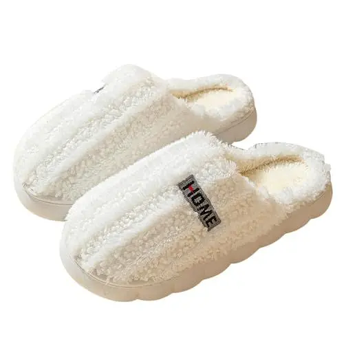 Produktbild: BILIKEYU Hausschuhe Damen Herren Hausschlappen Lammfell Pantoffeln rutschfeste Winter Warm Weiche Bequeme Memory Foam Slipper Home Indoor Plüschpantoffeln gr 40 Weiß