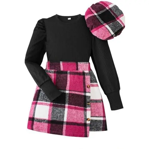 Produktbild: BILIKEYU Little Mädchen Röcke Outfits Langarm Rundhalsausschnitt Hemden Tops und Karo Hohe Taille A-Linie Rock mit Hüten 3er Sets (Hot Pink, 8-9 Years)