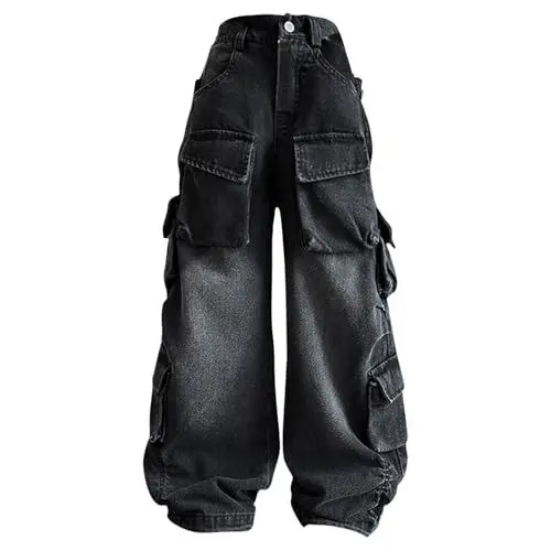 Produktbild: BILIKEYU Mädchen Streetwear Denim Cargohose Hohe Taille Bodenlang Baggy Jeans mit weitem Bein und Taschen 5 bis 16 Y (Black, 9-10 Years)